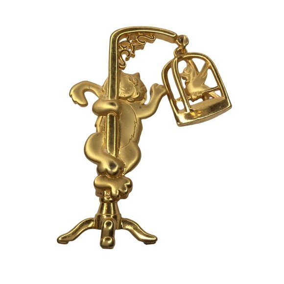 Vintage JJ Jonette Gold Tone Cat & Caged Bird Brooch funny - Picture 1 of 6